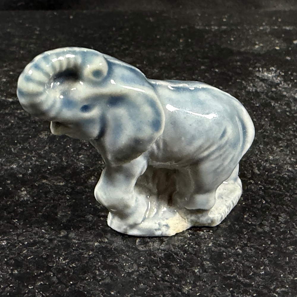 Vintage Blue Flow Glaze Ceramic Elephant Figurine Miniature Good Luck Decor